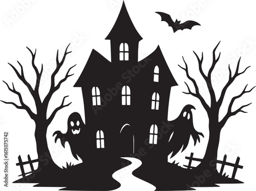 Spooky Halloween Night Silhouette Featuring Haunted House, Ghosts, Bat, and Bare Trees for Scary Holiday