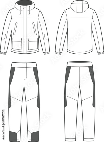 Outdoor technical jacket and pants cad drawing, flat vector illustration, front and back view, color block design, functional pockets