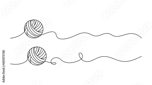 Continuous Line Drawing of Yarn Balls Knitting Concept Creative Hobby Handcrafting Design