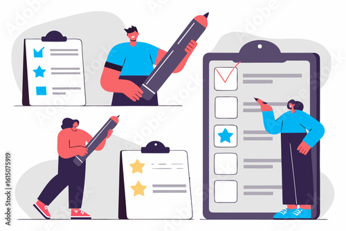 Vector set of characters  fill survey form, give feedback, customer evaluation rating. User experience concept.