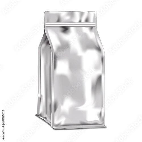 Silver foil flat bottom food bag with tear notches and zip lock. 3d mockup. Gusseted zipper pouch package. Realistic vector mock-up. Blank resealable packet packaging. Template for design