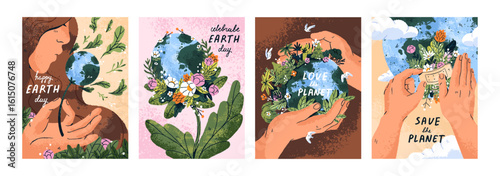 Set of poster designs for Happy Earth Day concept. Templates of postcards with caring about environment and ecology. Saving world, nature of planet card layouts. Flat hand drawn vector illustrations