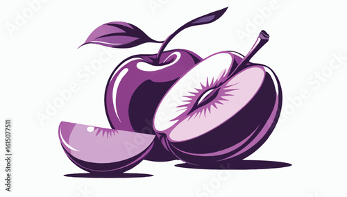Vivid illustration of whole and halved purple plums with leaves, perfect for healthy, fruity, or nature-inspired designs.