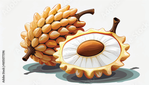 Vivid illustration of whole and halved custard apple, perfect for tropical, healthy, or exotic fruit designs.