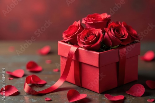 Open gift box with red roses and ribbon, Valentine's Day card , roses, valentines