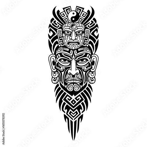 A powerful black and white tribal tattoo design featuring two stacked ornamental masks, with the top one crowned by a Yin Yang symbol.