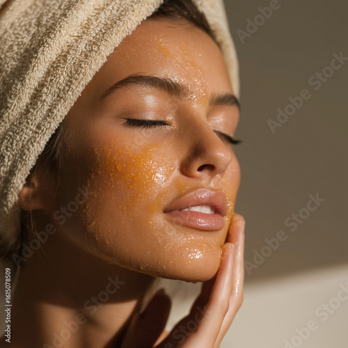 Close-up of a beautiful woman with a towel wrapped around her head, gently touching her face covered with a golden honey facial mask.
