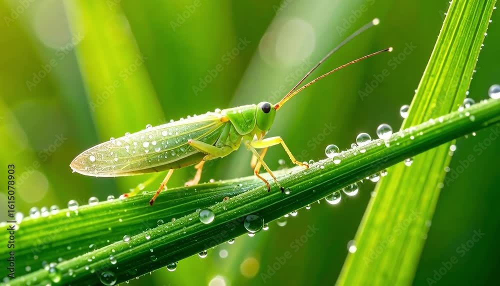 Green grasshopper resting on a blade of grass covered in dew drops