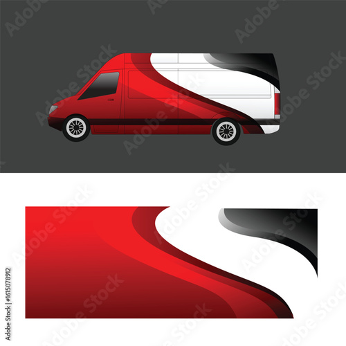 Modern van livery design with sharp geometric shapes in red, black, gray, and white. Perfect for vehicle wrap templates, commercial branding, fleet graphics