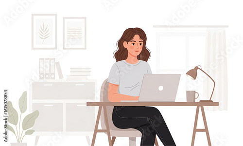 A young woman working on her laptop at a desk. Freelancer in a modern home office interior.