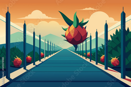 Surreal landscape with giant dragon fruit and geometric pillars under an orange sky