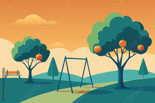 Stylized park scene with swing set trees bearing fruit and a bench under an orange sky