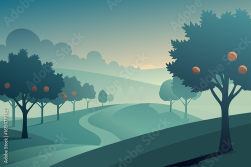 Serene misty morning landscape with fruit trees and winding path