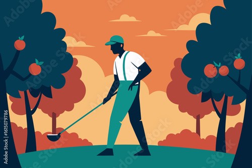 Farmer harvesting fruit from trees in an orchard during sunset