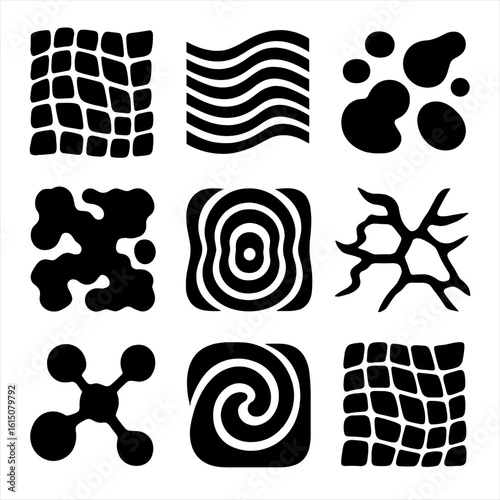 Abstract Pattern Icons. Solid, filled icon set of surreal abstract patterns: distorted grid, warped lines, floating shapes, dream