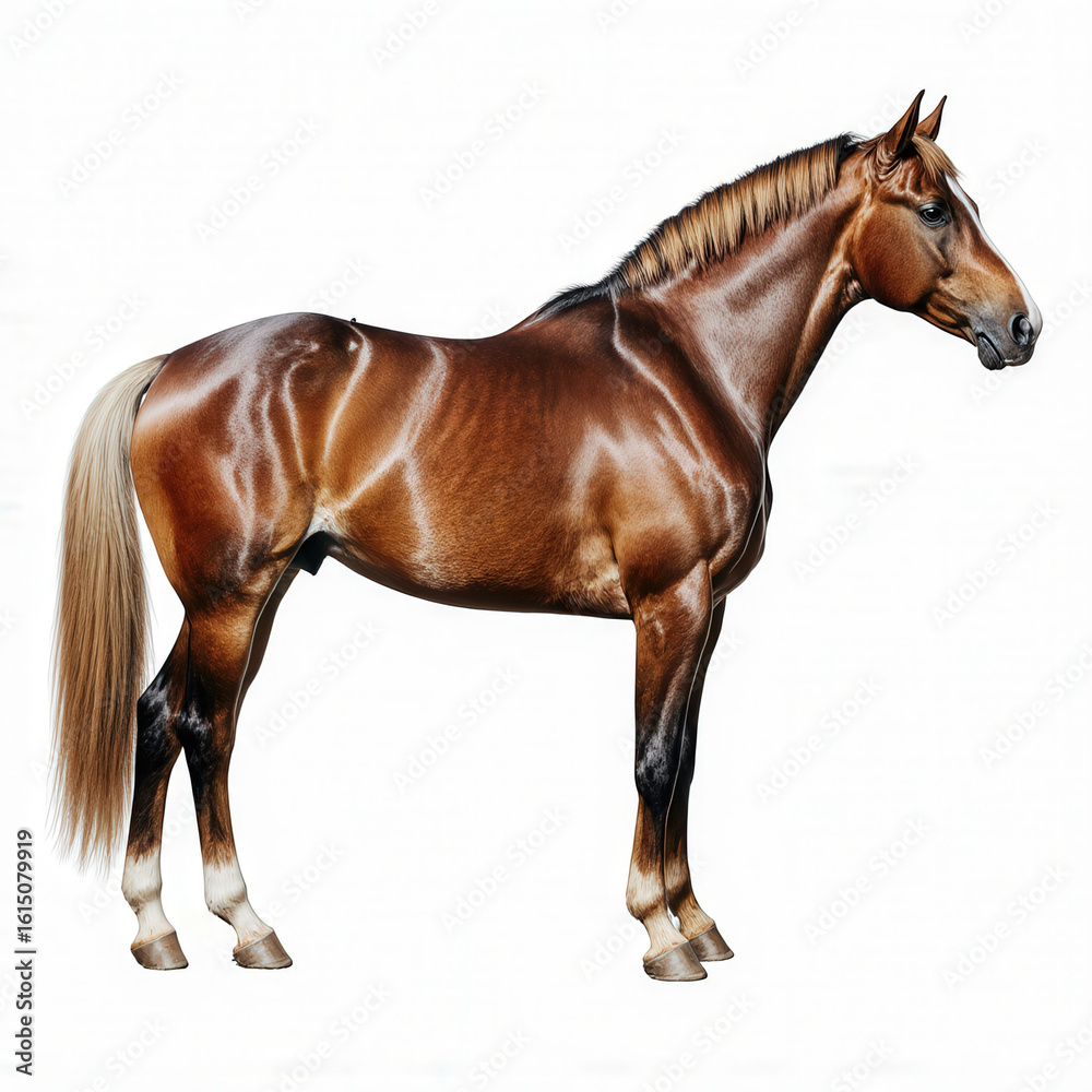 Obraz premium Majestic Horse Profile: A powerful and elegant chestnut-colored horse stands proud, showcasing its graceful physique and luxurious coat in a meticulously detailed side profile.