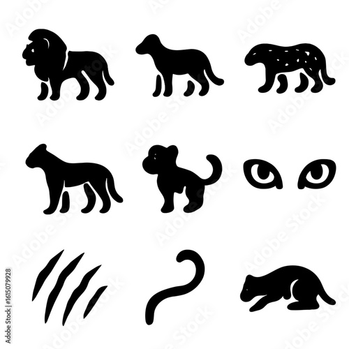 African Big Cats Icons. Solid, filled icon set of African big cats: lion, cheetah, leopard, lioness, cub, big cat eyes, paw swipe,