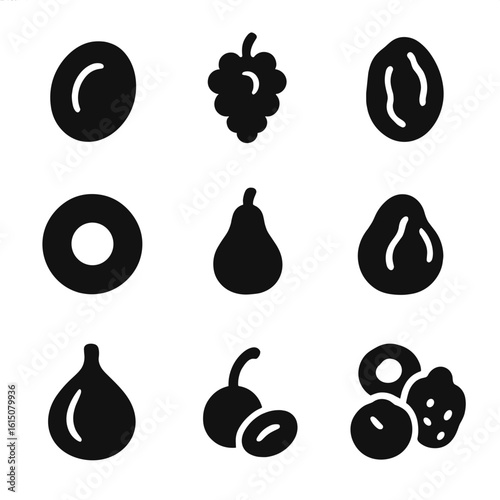 Agricultural and Dried Fruit Icons. Solid, filled icon set of agricultural machinery in barley fields: combine harvester, tractor,