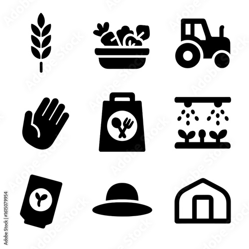 Agriculture Aid Icons. Solid, filled icon set of Food security and agriculture aid: wheat stalk, basket of vegetables, tractor,