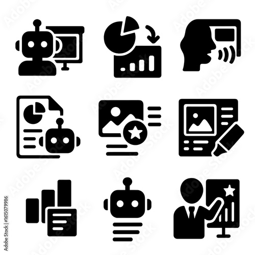 AI Presentation Icons. Solid, filled icon set of AI for presentations and reporting: slide assistant, auto chart creator, voice-to