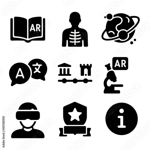 AR Learning Icons. Solid, filled icon set of immersive learning in AR: AR textbook, human anatomy overlay, solar system globe,