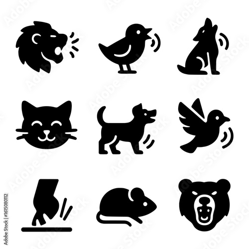 Animal Sound Icons. Solid, filled icon set of animal sounds and actions: roar, chirp, howl, purr, bark, flap, stomp, squeak, growl