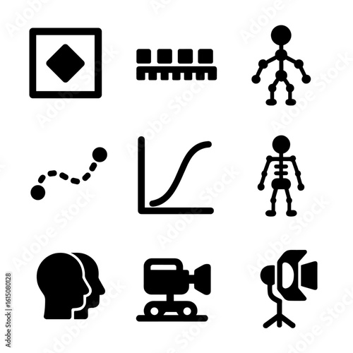 3D Animation Tools Icons. Solid, filled icon set of 3D animation basics: keyframe, timeline, rigging, motion path, easing curve,