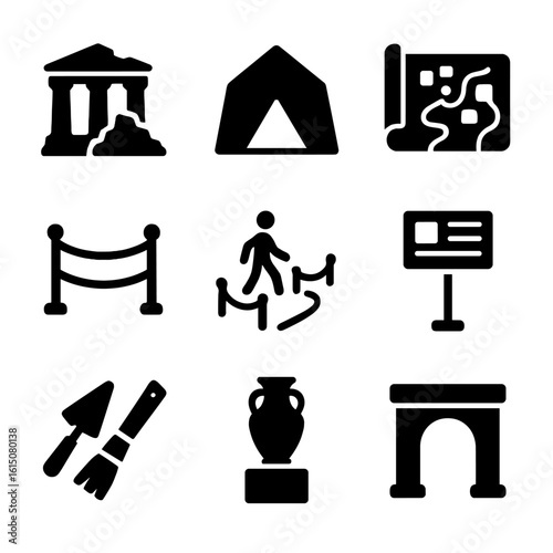 Archaeological Icon Grid. Solid, filled icon set of archaeological sites: ruins, excavation tent, ancient city map, protective
