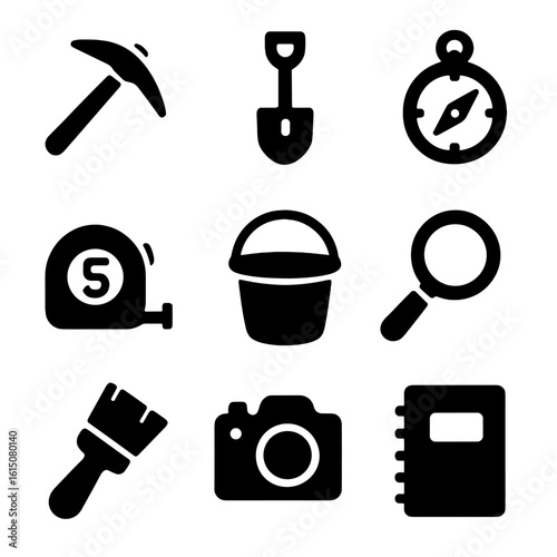 Archaeological Tools Icons. Solid, filled icon set of archaeological tools and equipment: pickaxe, shovel, compass, measuring tape