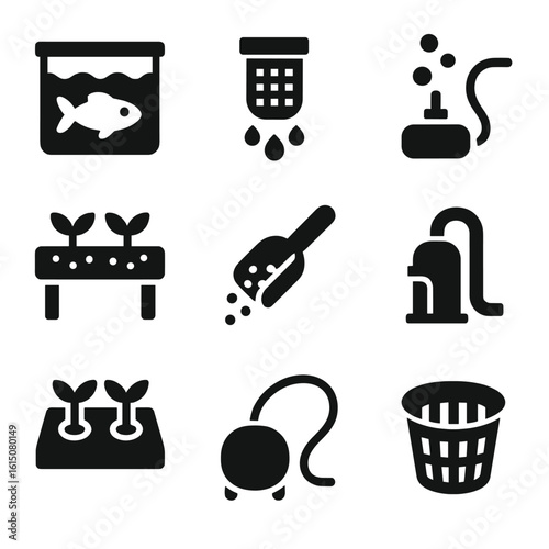 Aquaponics Icons Grid. Solid, filled icon set of aquaponics system: fish tank, water filter, air stone, grow bed, fish food scoop,