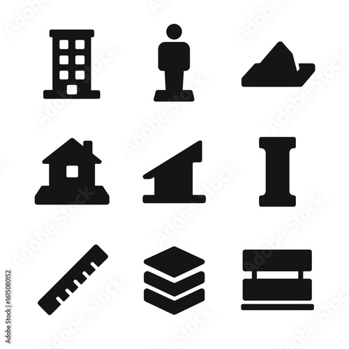 Architectural Model Icons. Solid, filled icon set of architectural model: miniature building, scale figure, terrain base, 3D