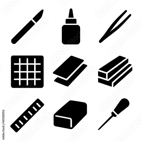 Architectural Tools Icons. Solid, filled icon set of architectural model-making tools: precision knife, glue bottle, tweezers,