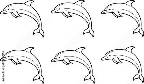 Six Outline Dolphins Jumping on White Background illustration