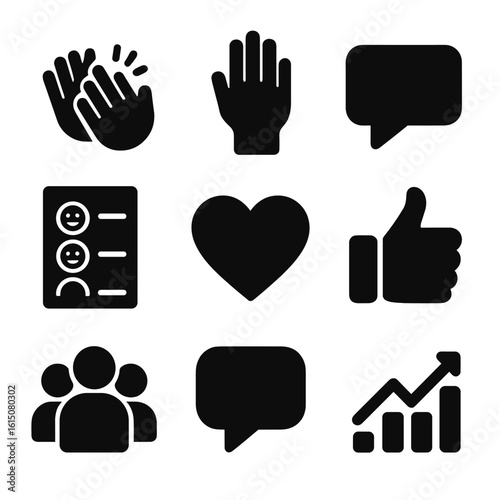 Audience Engagement Icons. Solid, filled icon set of audience engagement: clapping hands, raised hand, speech bubble, feedback