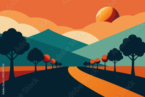 Stylized landscape with winding road silhouetted trees and abstract sun