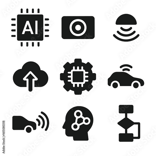 Autonomous Vehicle Icons. Solid, filled icon set of autonomous vehicle technology: AI chip, camera lens, sensor array, data cloud,