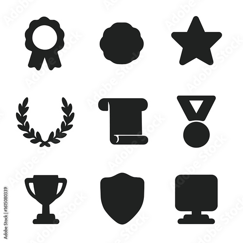 Award Icons Grid. Solid, filled icon set of certificate design elements: ribbon, seal stamp, star emblem, laurel wreath, scroll,