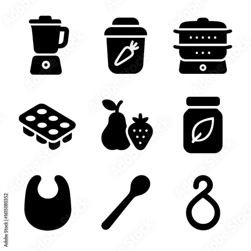 Baby Food Icons. Solid, filled icon set of baby food preparation: blender, puree container, food steamer, storage tray, soft fruit