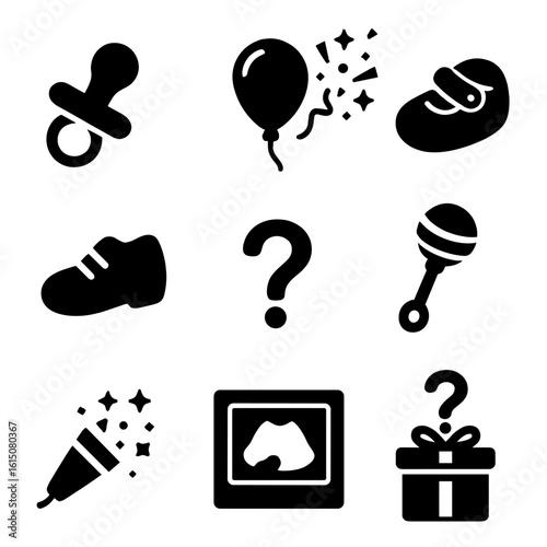 Baby Gender Reveal Icons. Solid, filled icon set of baby gender reveal surprises: pacifier, balloon pop, pink shoe, blue shoe,