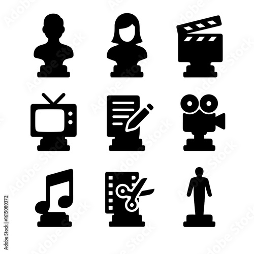 Awards Icon Set. Solid, filled icon set of awards categories: best actor, best actress, best director, best show, best screenplay,