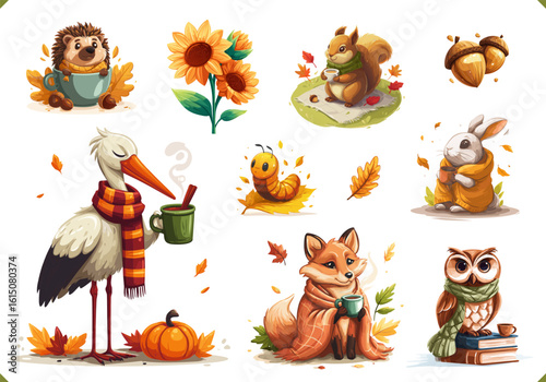 Set of vector illustration of cute forest autumn animals. Vector illustration of rabbit, hedgehog, owl, stork, squirrel, fox, worm with warm colors, on a white background