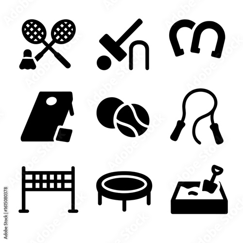 Backyard Games Icons. Solid, filled icon set of backyard games and fun: badminton, croquet, horseshoes, bean bag toss, bocce ball,