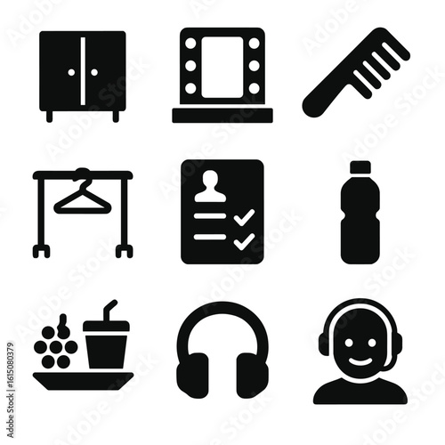 Backstage Essentials Icons. Solid, filled icon set of backstage and preparation: dressing room, makeup mirror, stylist comb,