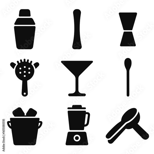 Bartender Tools Grid. Solid, filled icon set of cocktail tools: shaker, muddler, jigger, strainer, cocktail glass, stirring spoon,