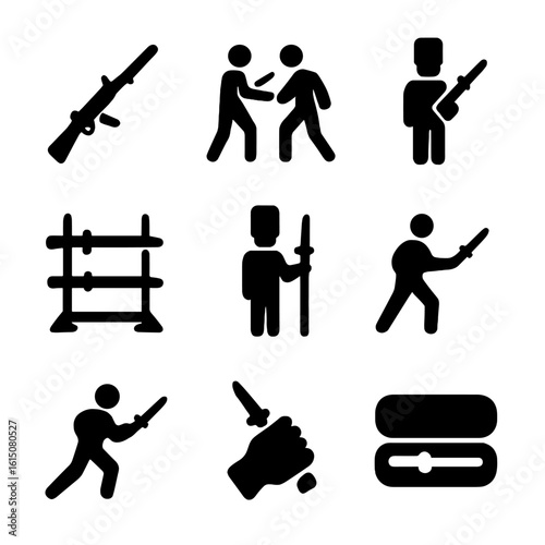 Bayonet Icon Set. Solid, filled icon set of bayonet uses: mounted on rifle, close combat, training stance, display rack,