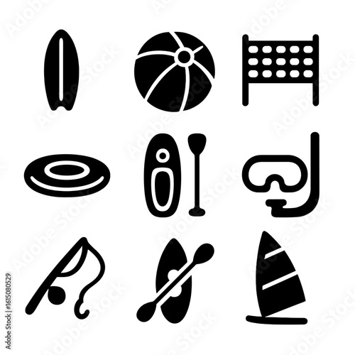 Beach Sports Icon Set. Solid, filled icon set of Beach sports equipment: surfboard, beach ball, volleyball net, frisbee,