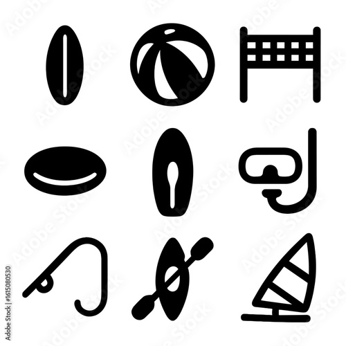 Beach Sports Icon Set. Solid, filled icon set of Beach sports equipment: surfboard, beach ball, volleyball net, frisbee,