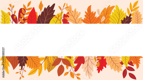 Horizontal template with autumn colorful leaves and copy space. Blank fall atmosphere banner for sale, invitation, advertising and other seasonal design, vector graphic