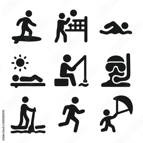 Beach Activity Icons. Solid, filled icon set of Beach activities: surfing, volleyball, swimming, sunbathing, fishing, snorkeling,