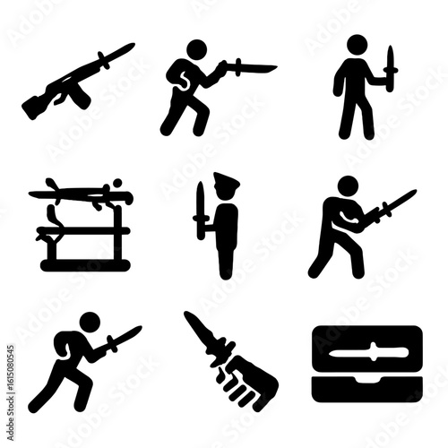 Bayonet Icon Set. Solid, filled icon set of bayonet uses: mounted on rifle, close combat, training stance, display rack,